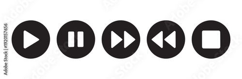Collection of black circular media player icons play pause stop rewind fast forward and back on white