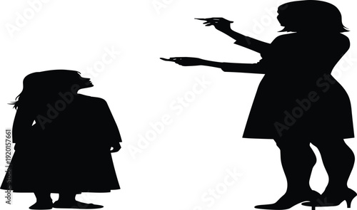 Black silhouette illustration of stern mother scolding young girl, woman pointing finger at child in dramatic pose, representing discipline, authority, parenting conflict, family tension