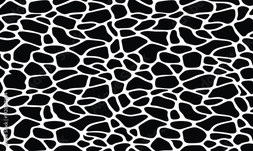 Seamless black and white giraffe skin pattern with irregular organic spots, high contrast animal print texture, perfect for vector backgrounds, fashion design, wildlife illustrations