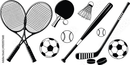 Sports equipment collection with rackets balls bat and shuttlecock hand drawn vector illustration set