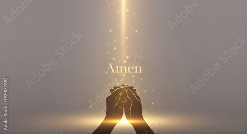 Minimal spiritual concept with elegant serif typography “Amen”, soft golden light beam descending onto folded hands silhouette
