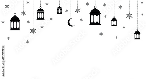 Minimalist Islamic banner with black hanging lanterns, stars, and crescent moon on a white background. Perfect for Ramadan or Eid greeting designs.