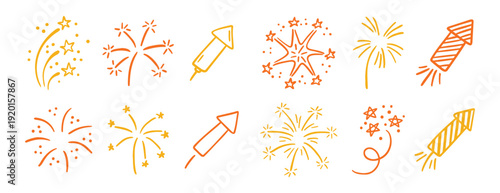 Hand drawn fireworks doodle set celebration line art design