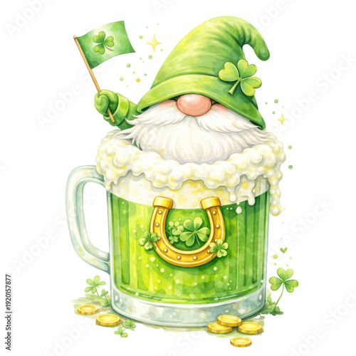 Cute St. Patrick’s Day gnome watercolor illustration in nursery style, featuring a green outfit and floppy hat covering the eyes, holding lucky shamrocks and festive objects. Soft pastel colors