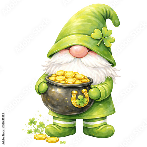 Cute St. Patrick’s Day gnome watercolor illustration in nursery style, featuring a green outfit and floppy hat covering the eyes, holding lucky shamrocks and festive objects. Soft pastel colors