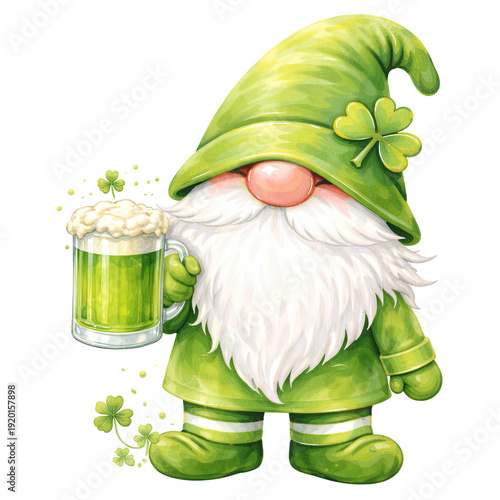 Cute St. Patrick’s Day gnome watercolor illustration in nursery style, featuring a green outfit and floppy hat covering the eyes, holding lucky shamrocks and festive objects. Soft pastel colors