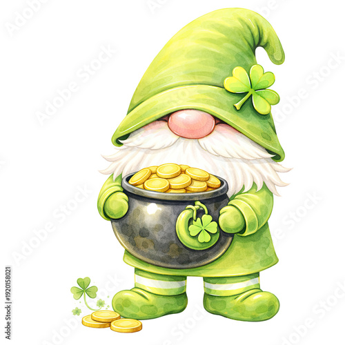 Cute St. Patrick’s Day gnome watercolor illustration in nursery style, featuring a green outfit and floppy hat covering the eyes, holding lucky shamrocks and festive objects. Soft pastel colors