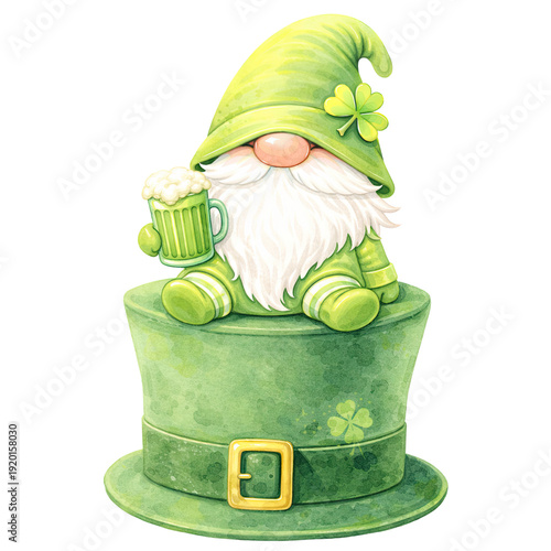 Cute St. Patrick’s Day gnome watercolor illustration in nursery style, featuring a green outfit and floppy hat covering the eyes, holding lucky shamrocks and festive objects. Soft pastel colors