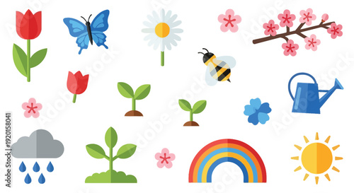 A vibrant collection of spring-themed icons including flowers, plants, a butterfly, a bee, a watering can, a rainbow, and weather elements like rain and sun.