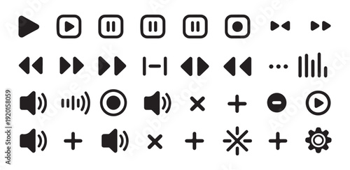 Extensive library of interface symbols featuring volume controls plus minus signs and playback navigation