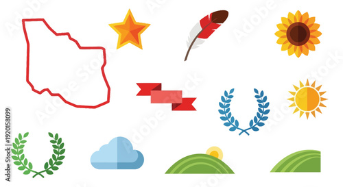 Collection of graphic elements including a map outline, star, feather, sunflower, sun, ribbon, laurel wreaths, cloud, and rolling hills.