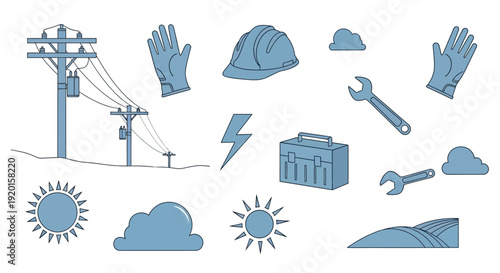 Illustration of electrical utility equipment, safety gear, tools, and weather elements, depicting an outdoor work environment.