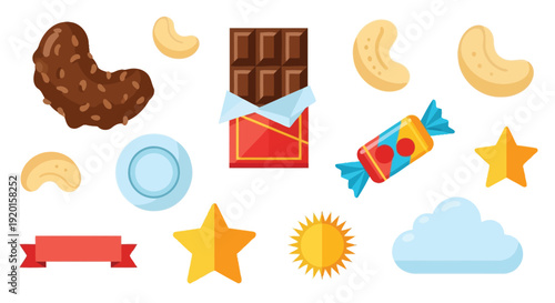 A collection of sweet treats and decorative elements including chocolate bars, candies, cashew nuts, stars, a sun, a cloud, and a ribbon.