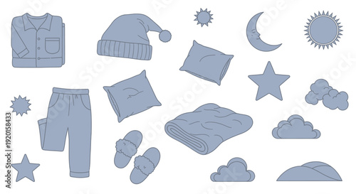 A collection of blue sleep-related items including pajamas, slippers, pillows, a blanket, and celestial elements like stars and moons.