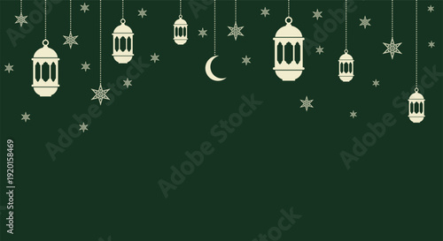 Elegant Ramadan Kareem background featuring cream hanging lanterns and stars on a deep green backdrop. Traditional Islamic art style for holidays.