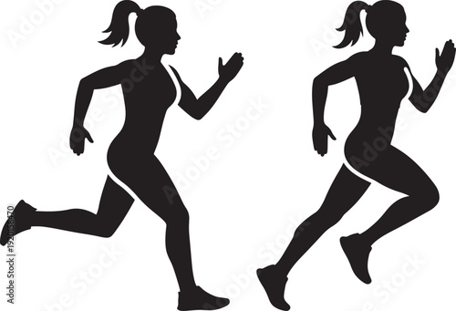 Silhouettes of two female runners in mid-stride, representing fitness, sports, and active lifestyles
