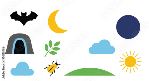 A collection of simple, flat icons representing elements of nature and the night sky, including a bat, moon, sun, clouds, and a cave.
