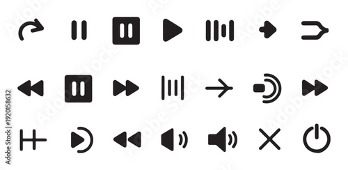 Black silhouette media control icons set with play pause skip and volume buttons on white background vector
