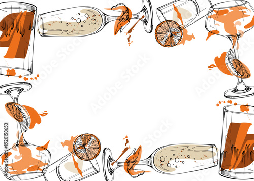 Vector frame of sparkling champagne, aperol spritz, Flatliner shot and whisky silhouettes in bright orange-red tones. Hand drawn in ink for event menus, celebration branding, party invites, packaging.