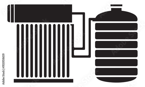 Solar collector connected to water storage tank, clean energy graphic