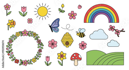 A vibrant collection of spring-themed illustrations featuring flowers, a rainbow, a bee, a butterfly, a beehive, a sun, clouds, and rolling green hills.