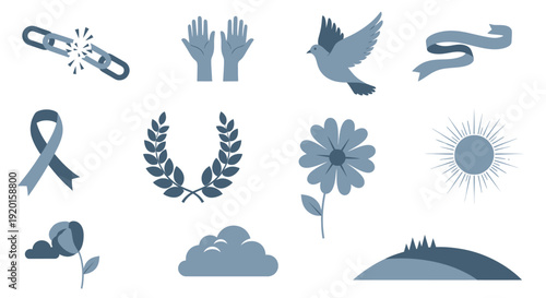 A collection of symbolic icons representing peace, freedom, nature, and remembrance, including a dove, broken chain, ribbon, and laurel wreath.