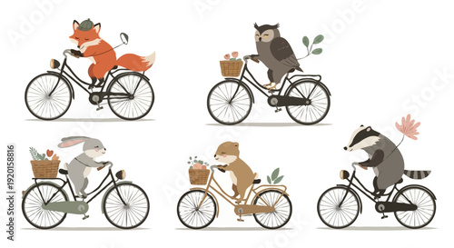Cute Forest Animals Riding Bicycles with Flower Baskets Flat Vector Illustration