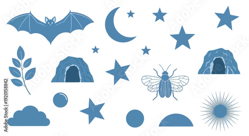 A collection of blue celestial and nocturnal elements including a bat, moon, stars, clouds, and caves, along with a moth and a sunburst graphic.