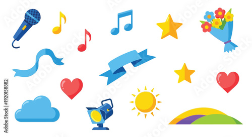A vibrant collection of colorful graphic elements including a microphone, musical notes, ribbons, hearts, stars, a bouquet, a cloud, a spotlight, a sun, and a rainbow arch.