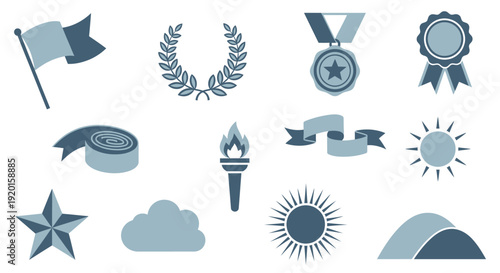 A collection of blue and grey icons representing awards, achievements, and natural elements.