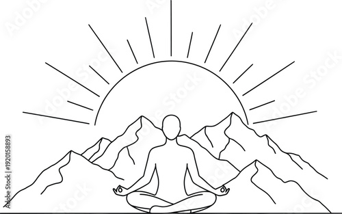Minimalist line art depicting a figure meditating in the lotus position between mountain peaks beneath a rising sun symbolizing enlightenment and calm.