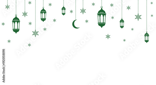 Islamic motif featuring green hanging lanterns and stars on white. Symbolic color palette for Muslim holidays like Ramadan, Eid, and Mawlid celebrations.