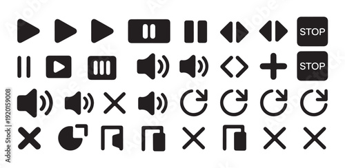 Set of media player interface icons including play pause stop rewind fast forward and volume controls on white