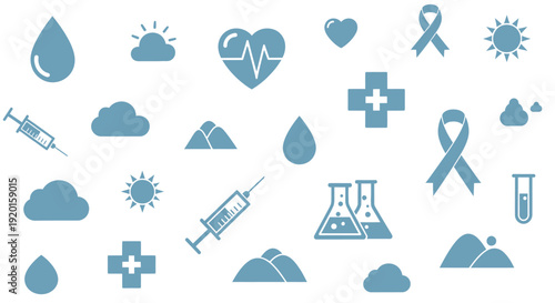 A collection of blue medical and environmental icons scattered across a white background, including syringes, crosses, hearts, and nature elements.