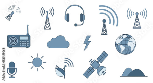 A collection of communication and technology-related icons, including radio towers, a satellite, a globe, headphones, a microphone, and weather symbols.