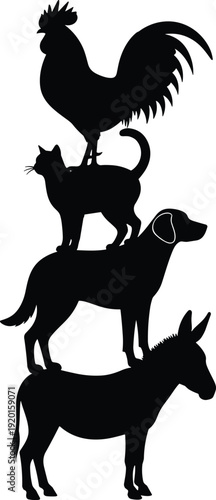 Black vector silhouette of the Bremen Town Musicians featuring a rooster cat dog and donkey stacked on top of each other for fairytale branding