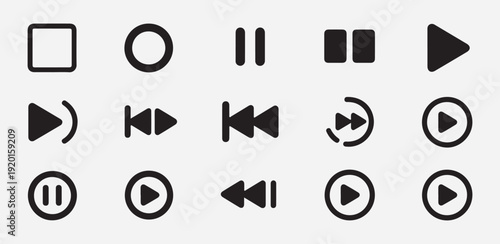 Black bold media player icons collection featuring various playback control symbols for digital interface use