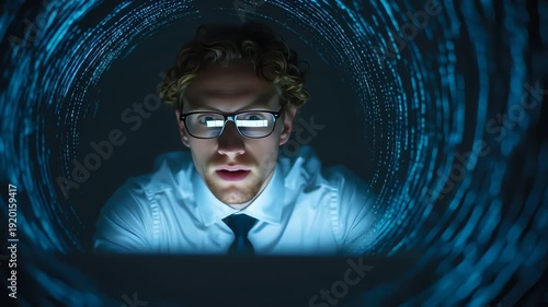 A man in a blue shirt and tie wearing futuristic glasses looks intensely at a computer screen surrounded by a blue tunnel of digital code.