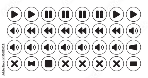 Universal multimedia control icons set featuring play pause and sound adjustment buttons for software design
