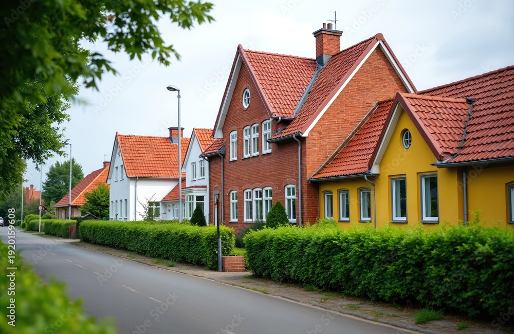 Naklejka premium Row of tidy danish houses with red tiled roofs line a quiet street. Green hedges border the sidewalk. Cars are parked on the road in the distance. A tree branch is in the foreground.