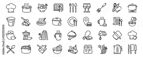 A collection of kitchen utensils and food icons are illustrated.