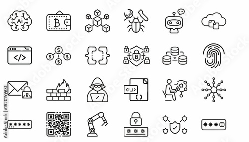 A collection of various technology and business icons are shown in a digital illustration.
