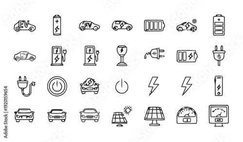 Electric vehicle charging icons illustrate sustainable transportation technology solutions