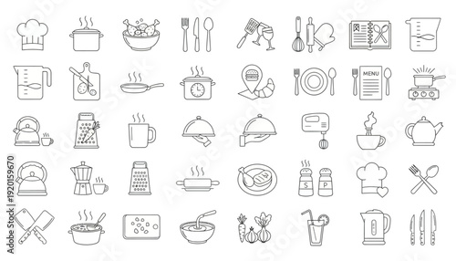 The collection showcases various kitchen utensils and food icons arranged in rows on a clean surface.