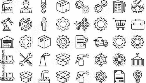 Manufacturing icons depict various industrial objects and symbols in a workspace setting with gear, tools, and products.