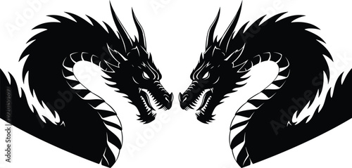 Black vector silhouette of two powerful dragon heads with sharp horns and scales facing each other for fantasy mythology tattoo and epic branding