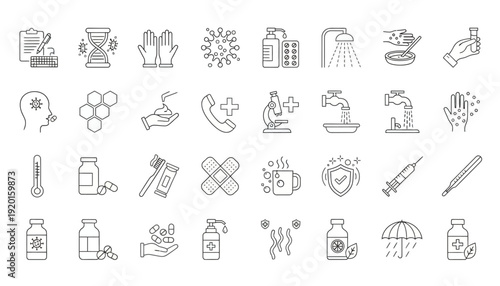 Medical icons depict various healthcare and pharmaceutical symbols in illustrations