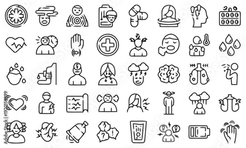 Collection of various line icons depicting social issues and emotions in illustrations