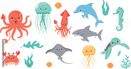 Cute cartoon sea animals collection with octopus dolphin shark and jellyfish vector illustration set