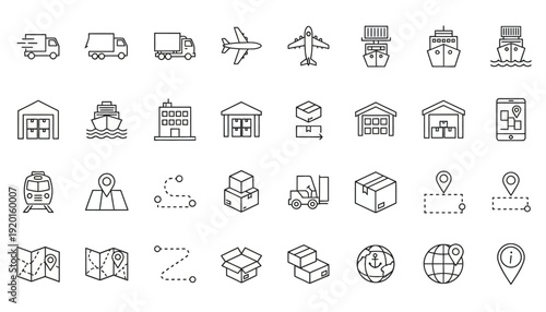 Logistics icons depict various transportation modes, buildings, and delivery processes globally.